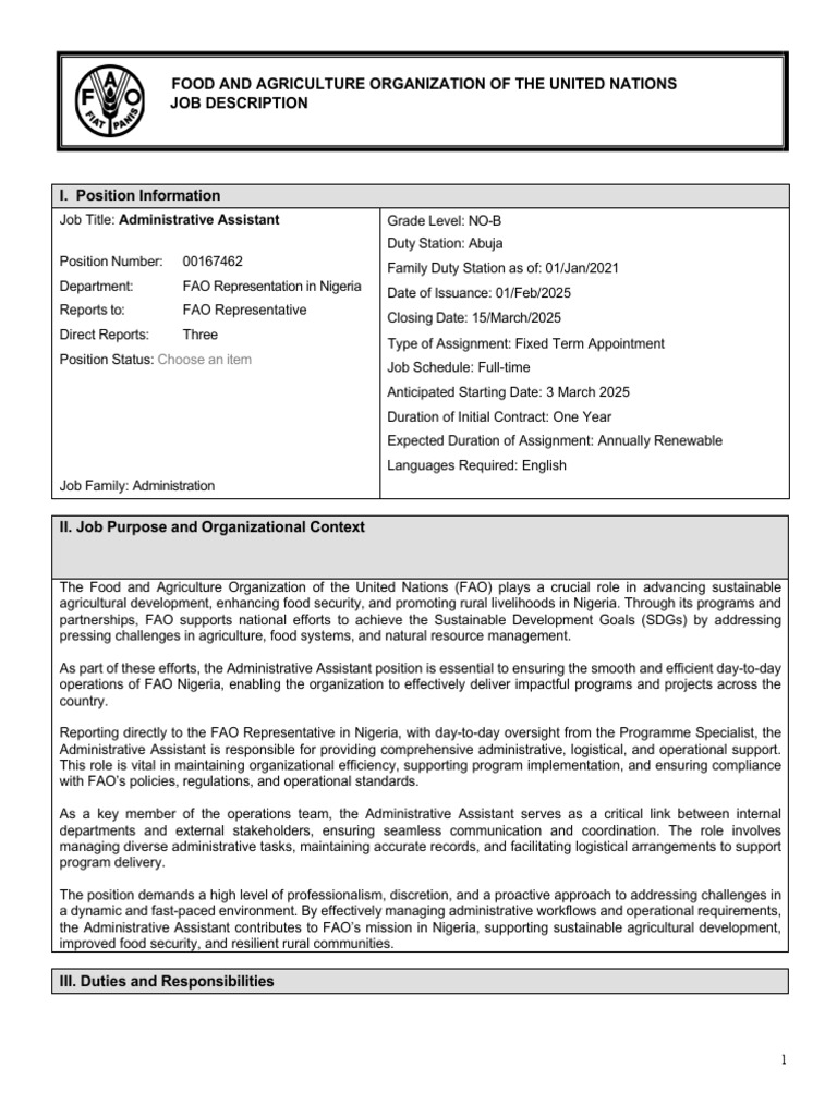 FAO Nigeria: Admin Assistant Vacancy NO-B | PDF | Food And Agriculture ...
