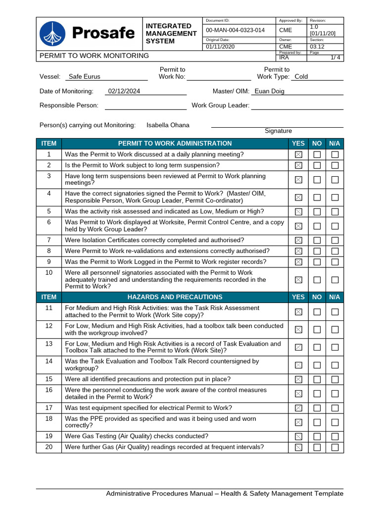 Permit to Work Monitoring Checklist | PDF | Occupational Safety And ...