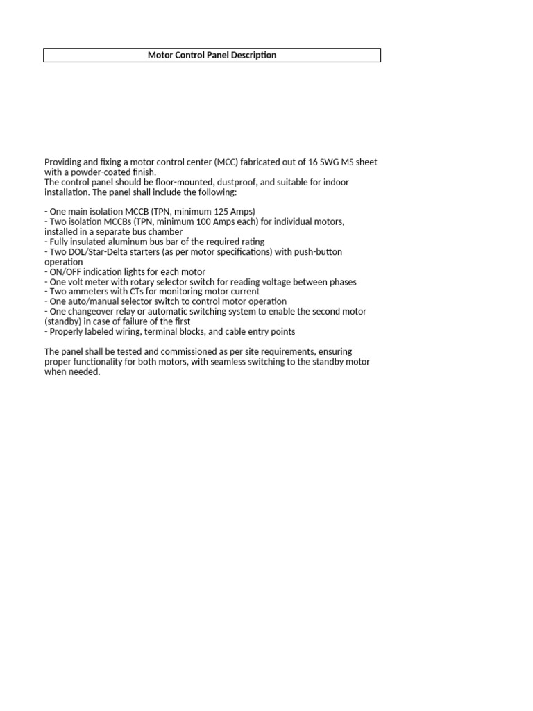 Motor Control Panel Specifications | PDF