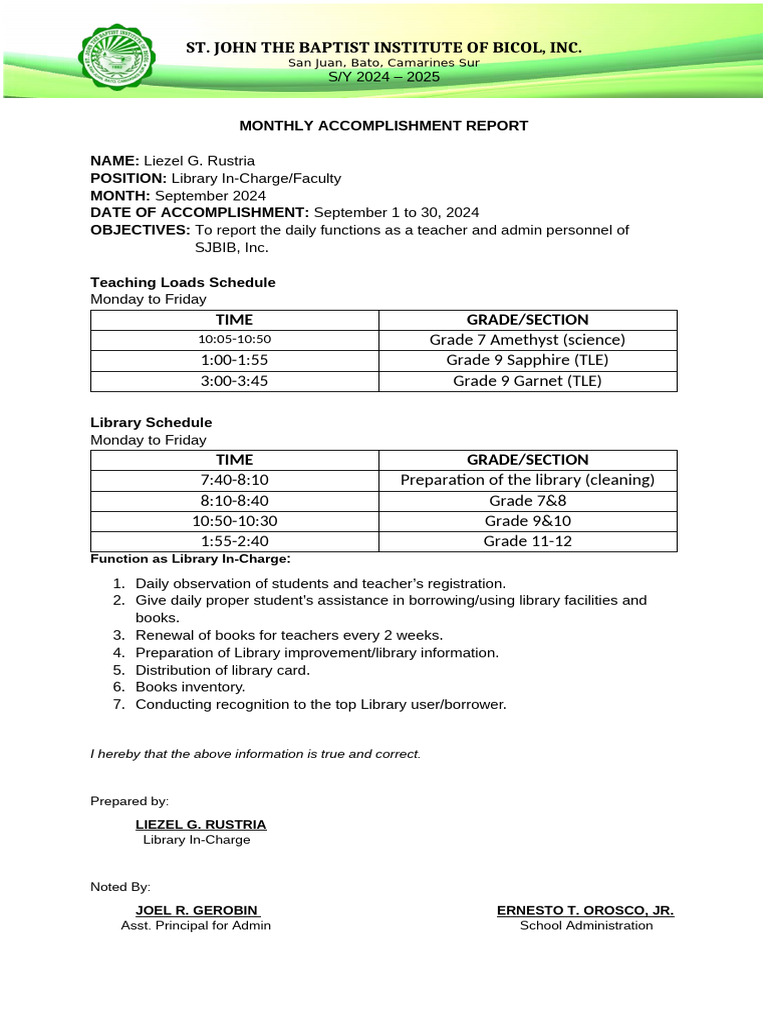 September 2024 Accomplishment Report | PDF | Teachers | Learning