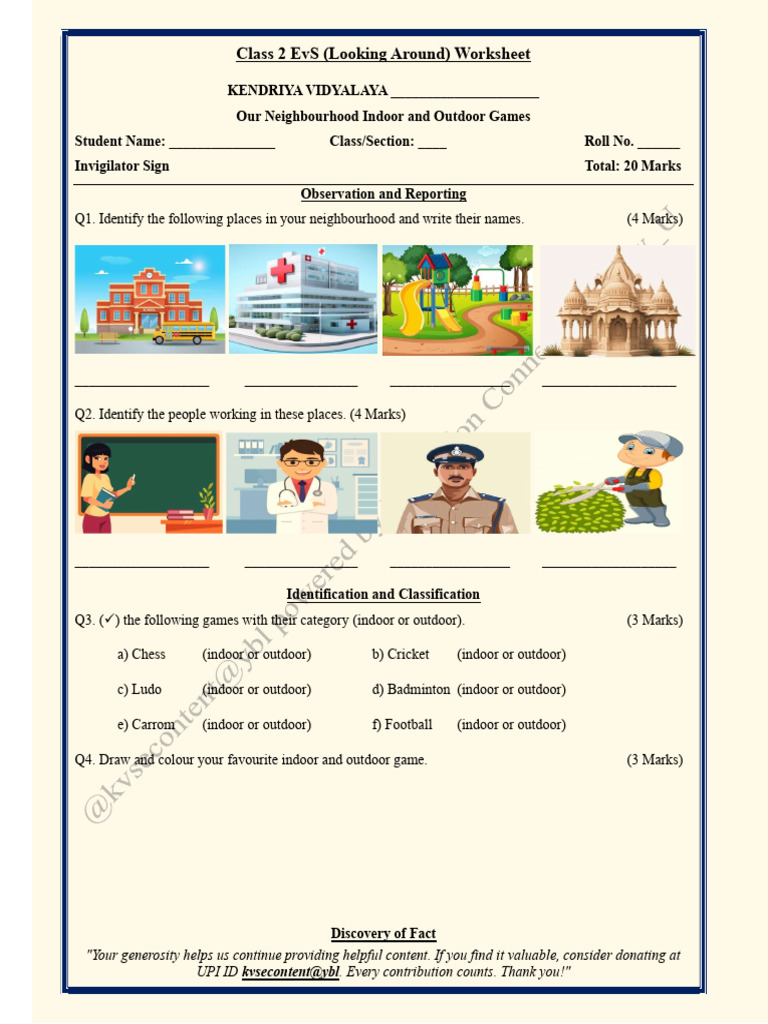 Our Neighbourhood Indoor and Outdoor Games Worksheet | PDF