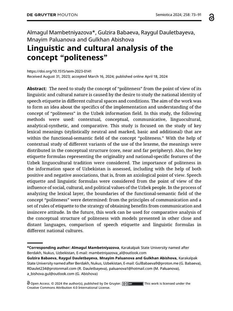Linguistic Analysis of Uzbek Politeness | PDF | Linguistics | Cross ...