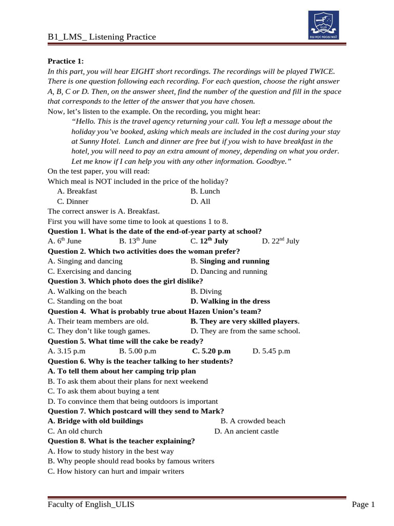 B1 Listening Practice Exercises | PDF | Meal