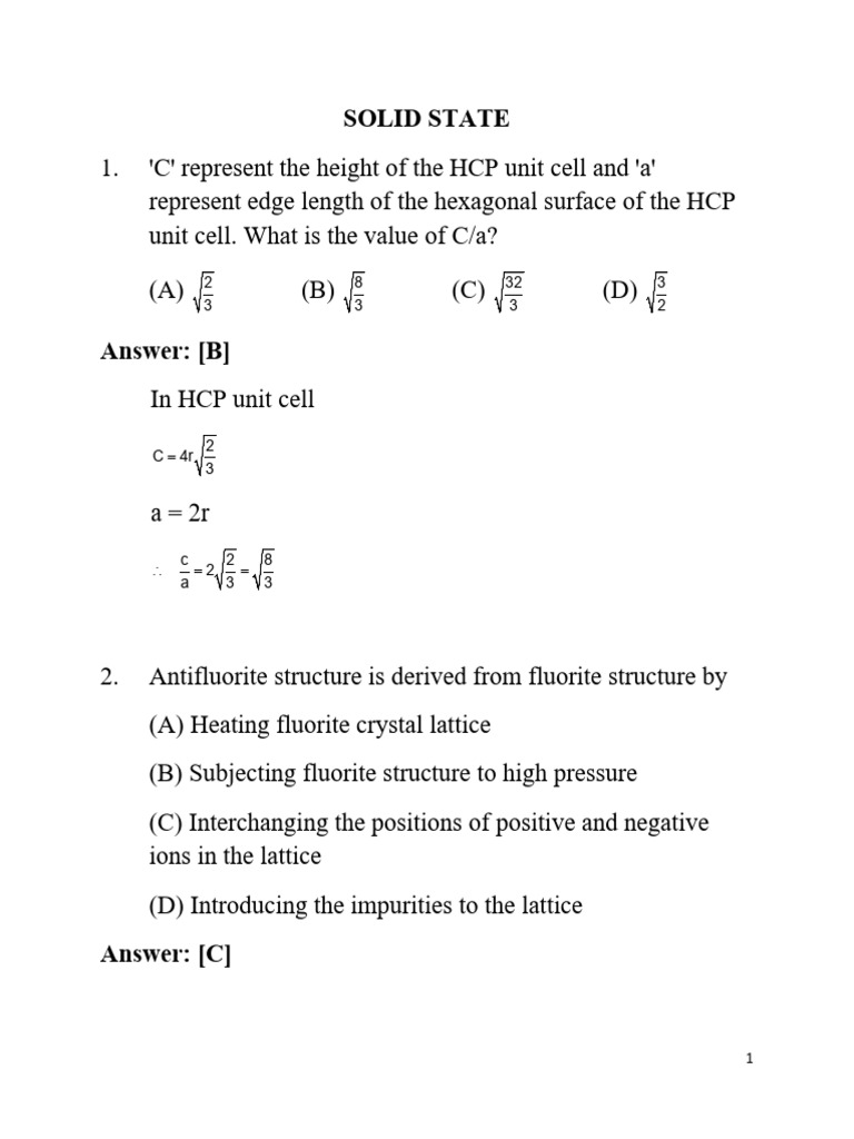 Solid State NEET Questions and Answers | PDF | Crystal Structure ...