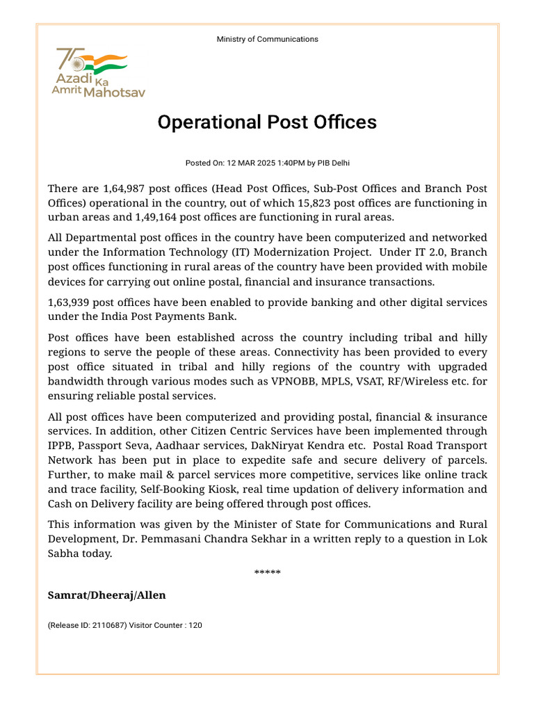 Overview of India's Operational Post Offices | PDF