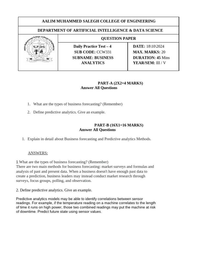 Business Analytics Practice Test 4 | PDF | Business Intelligence | Data ...
