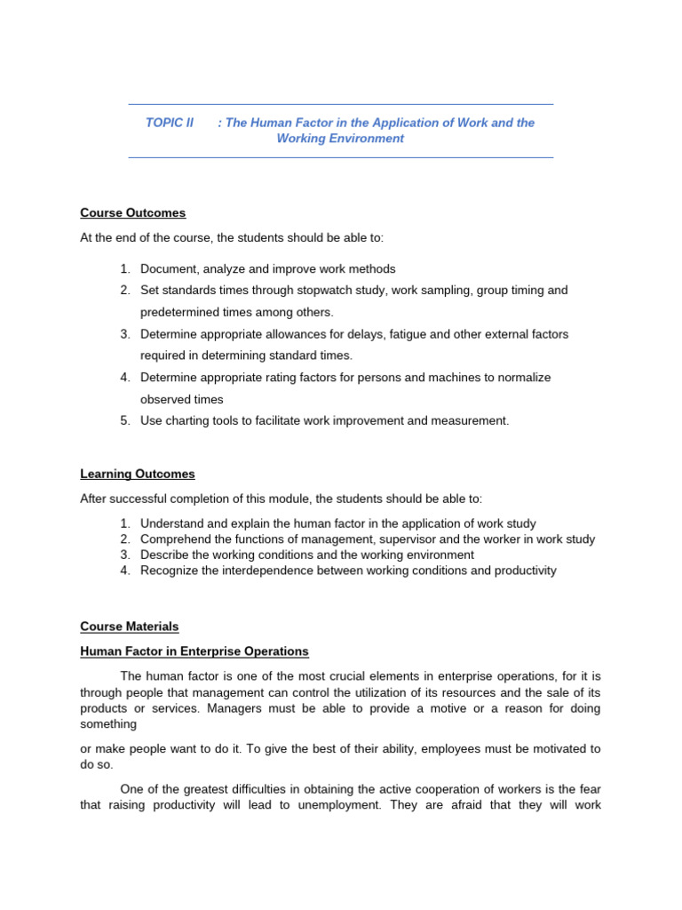 Human Factors in Work Study and Productivity | PDF | Occupational ...