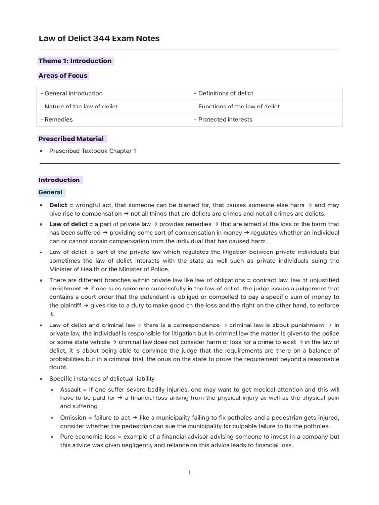 Law of Delict Exam Notes Summary | PDF | Damages | Private Law