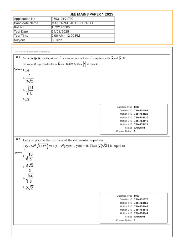 JEE Mains 2025 Candidate Response Summary | PDF | Multiple Choice ...