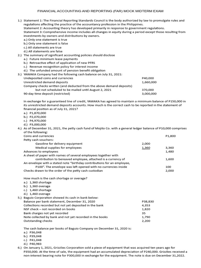 FAR Mock Midterm Exam Questions | PDF | Bad Debt | Book Value