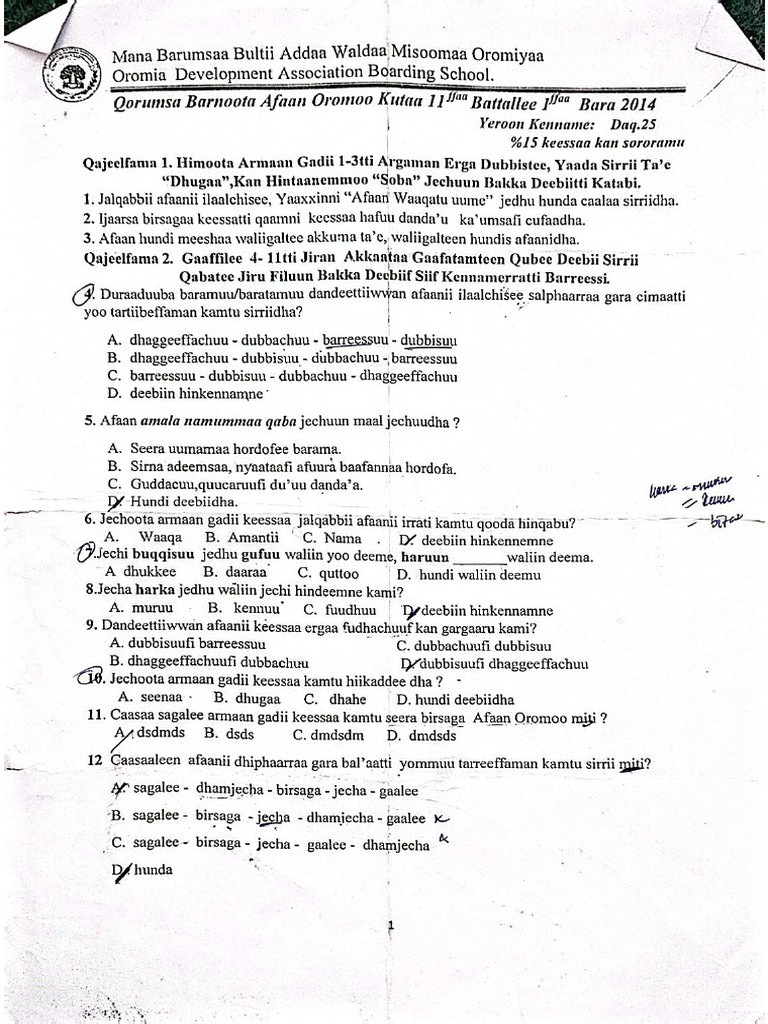 Afaan Oromoo Past Exams Pdf