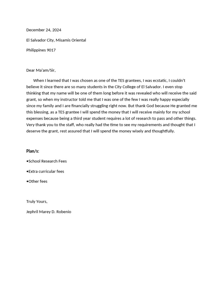 TES Grant Acceptance Letter from Jephril Robenio | PDF