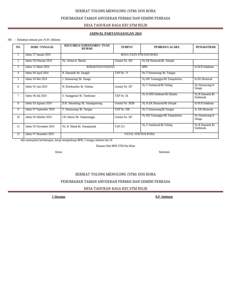 Jadwal Kebaktian STM Dos Roha 2024 | PDF