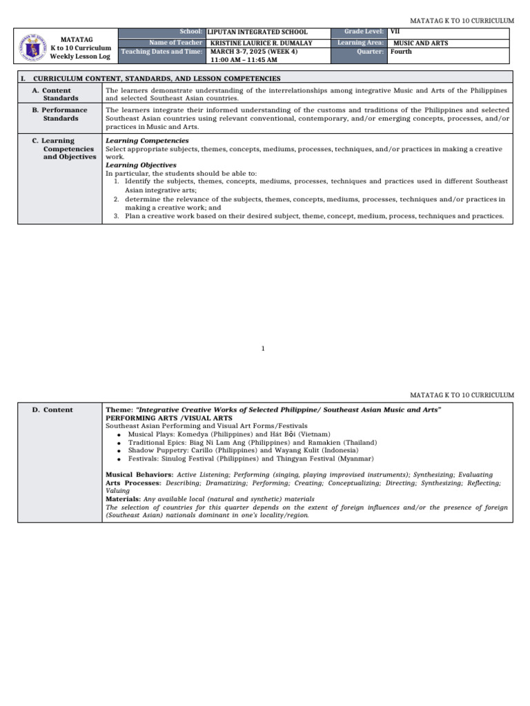 K to 10 Music and Arts Lesson Plan | PDF