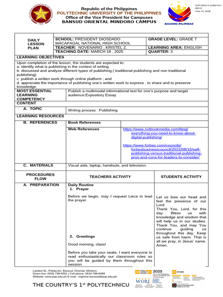 LESSON PLAN FOR FINALDEMOMARch | PDF | Publishing | Books