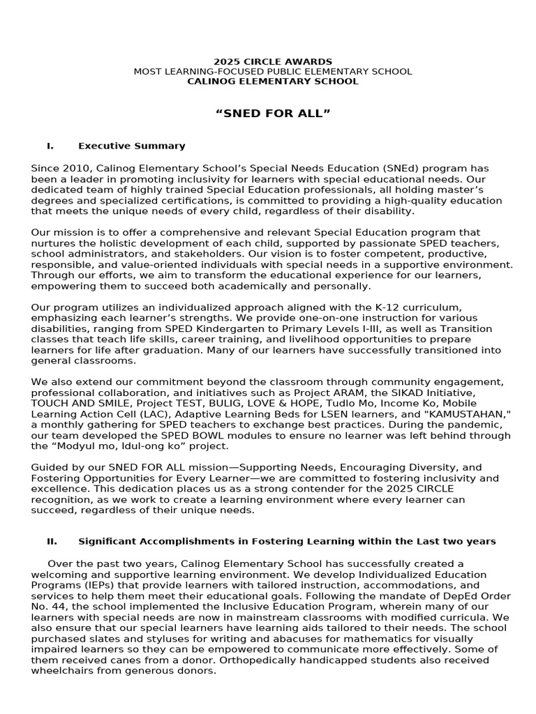 2025 SPED CES CIRCLE AWARD WRITE UP Final | PDF | Learning | Special ...