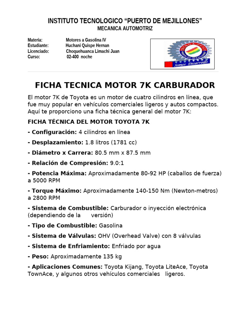 Ficha Técnica del Motor Toyota 7K | PDF | Carburador | Distribuidor