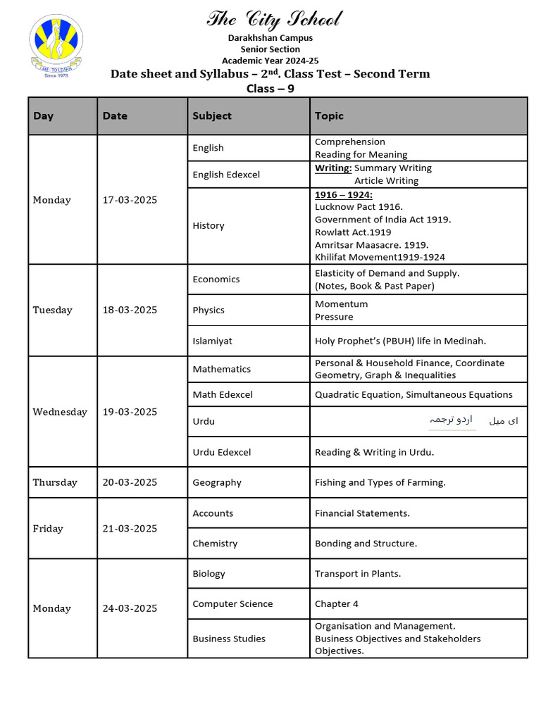 Class 9 Exam Date Sheet & Syllabus 2025 | PDF | Mathematics
