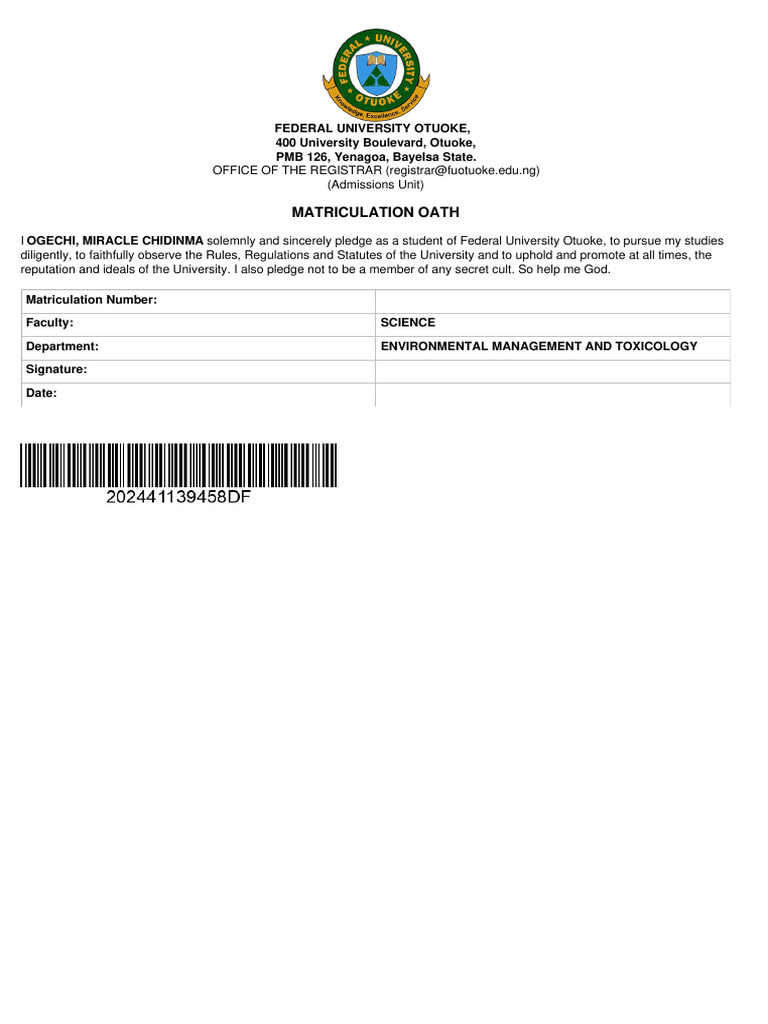 Federal University Otuoke Matriculation Oath | PDF