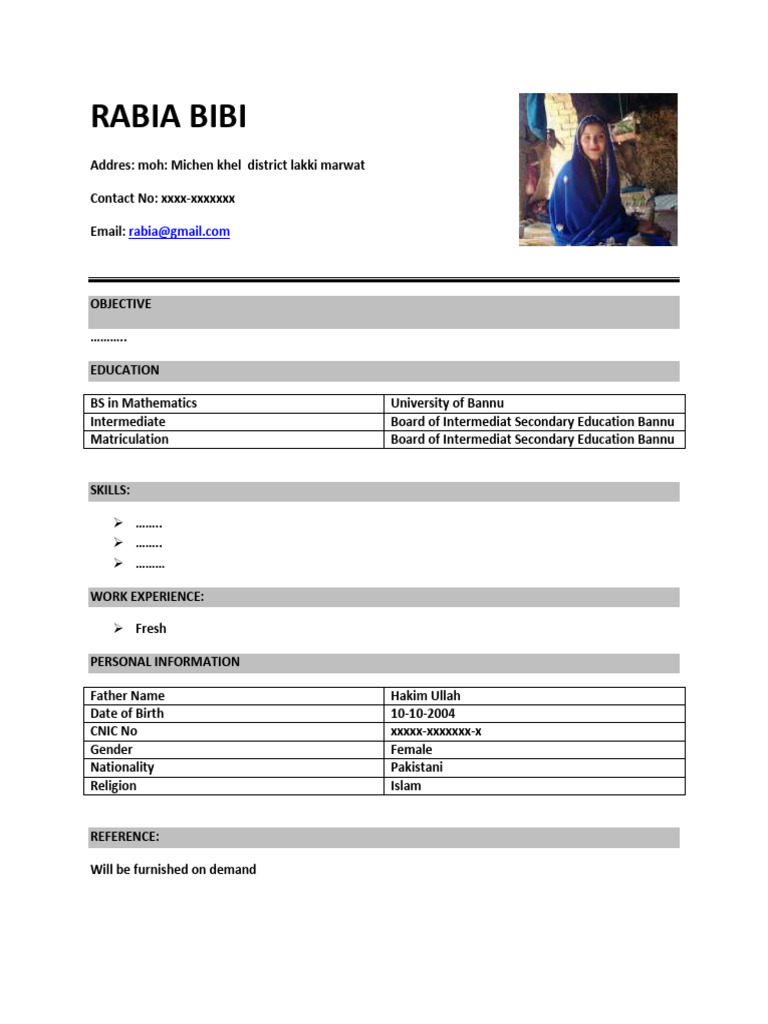 Rabia Bibi's CV and Contact Details | PDF