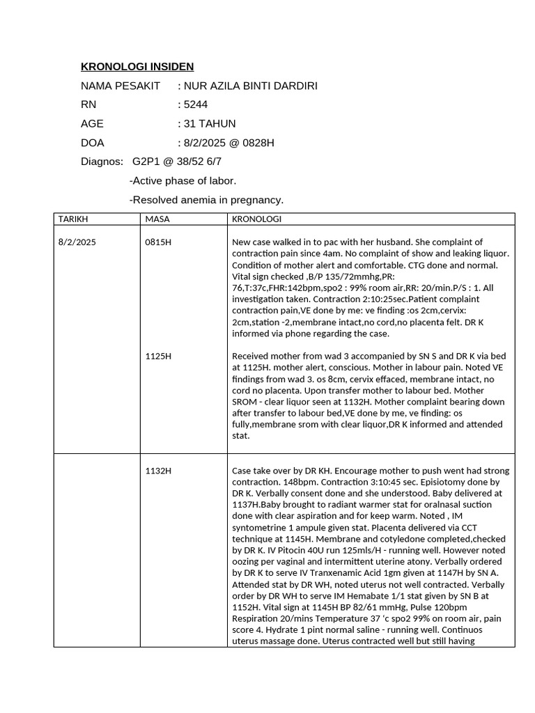 Labor Incident Chronology for Nur Azila | PDF | Childbirth | Uterus
