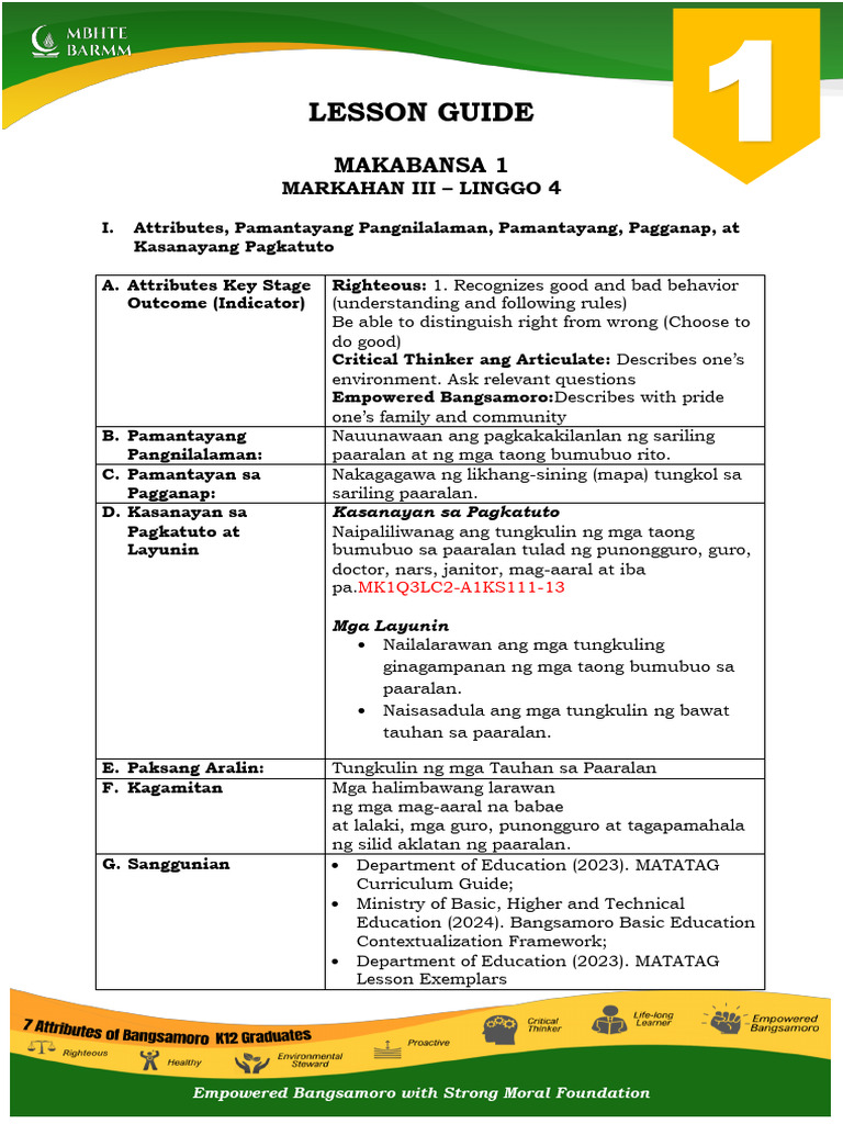 Lesson Guide: Makabansa 1 | PDF