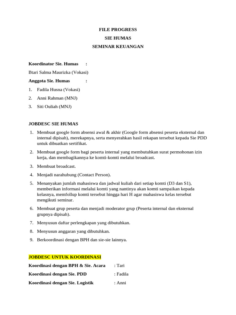 Jobdesc dan Progres Sie Humas Seminar | PDF