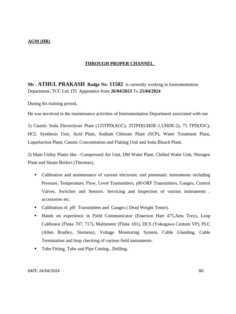 Athul Prakash: Instrumentation Apprentice | PDF