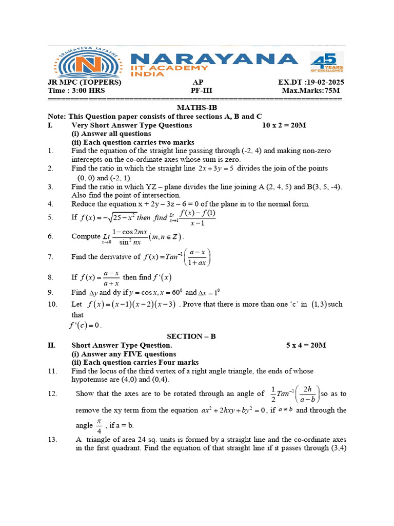 JR MPC Maths-IB Exam Paper 2025 | PDF | Triangle | Euclid