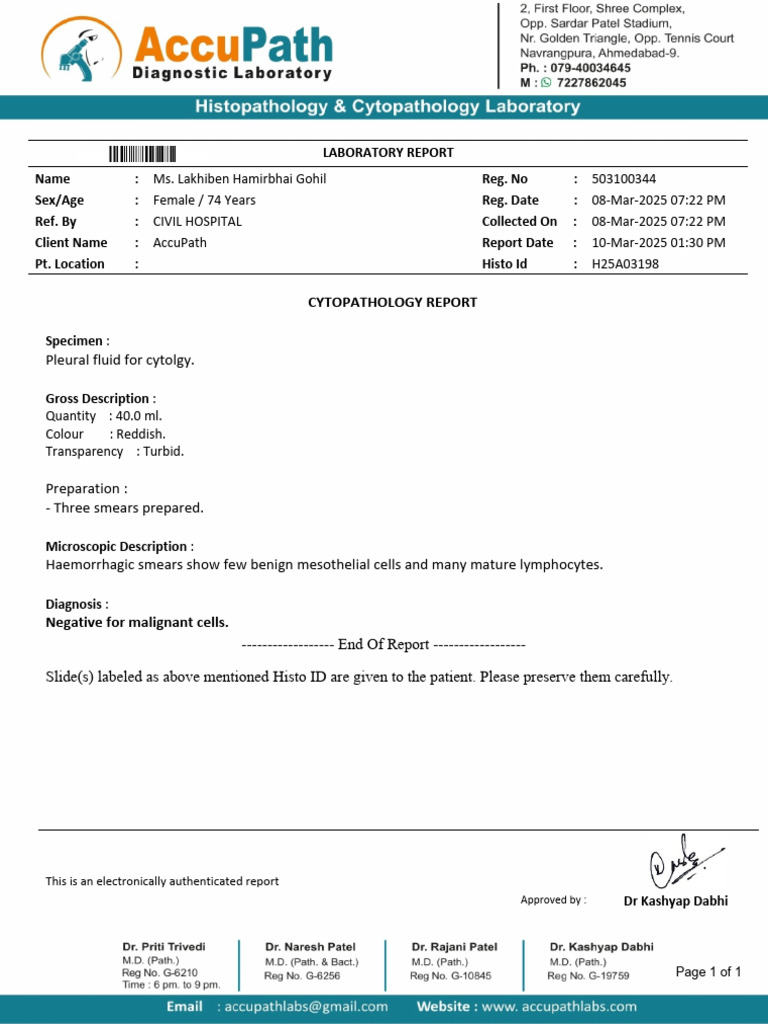 Cytopathology Report: Pleural Fluid Analysis | PDF