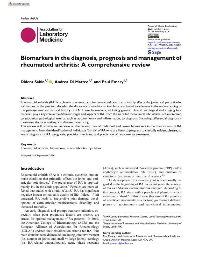 Biomarkers in The Diagnosis, Prognosis and Management of Rheumatoid ...