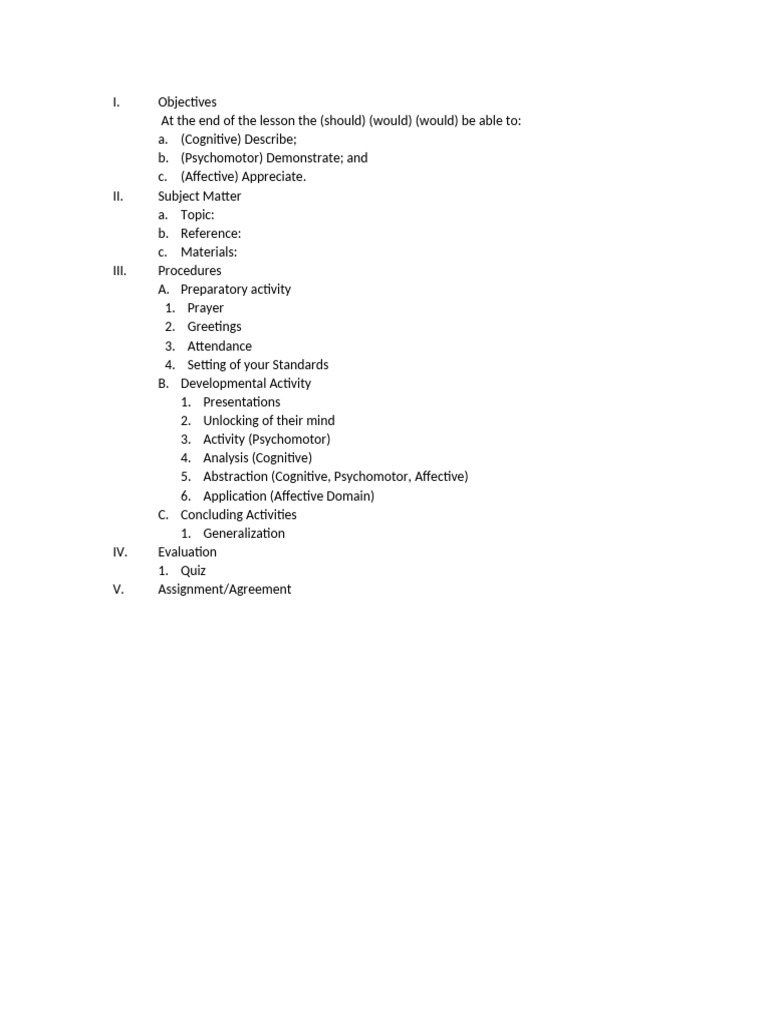 Lesson Plan Objectives and Procedures | PDF