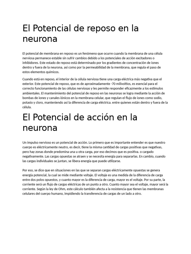 Potencial de reposo y acción en neuronas | PDF