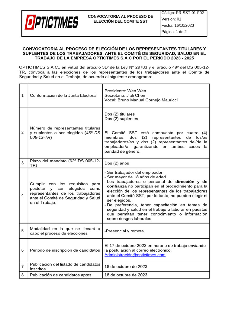 PR-SST-01-F02 Convocatoria Inicio Proceso de Elección CSST | PDF ...