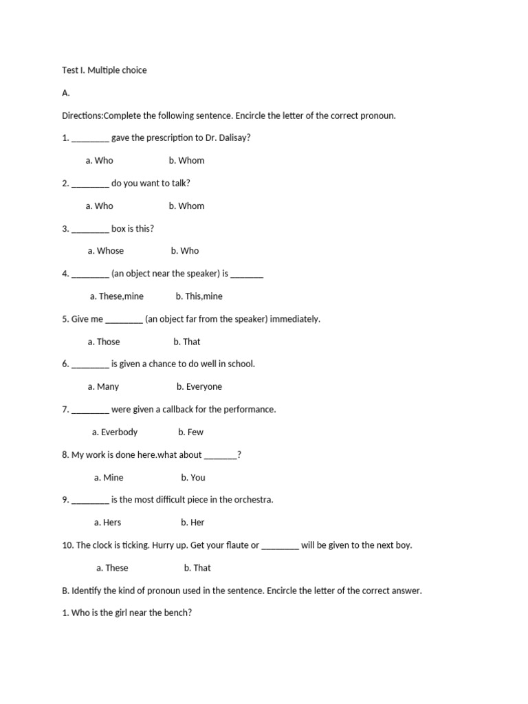 Test I. Multipl-WPS Office | PDF | Pronoun | Question