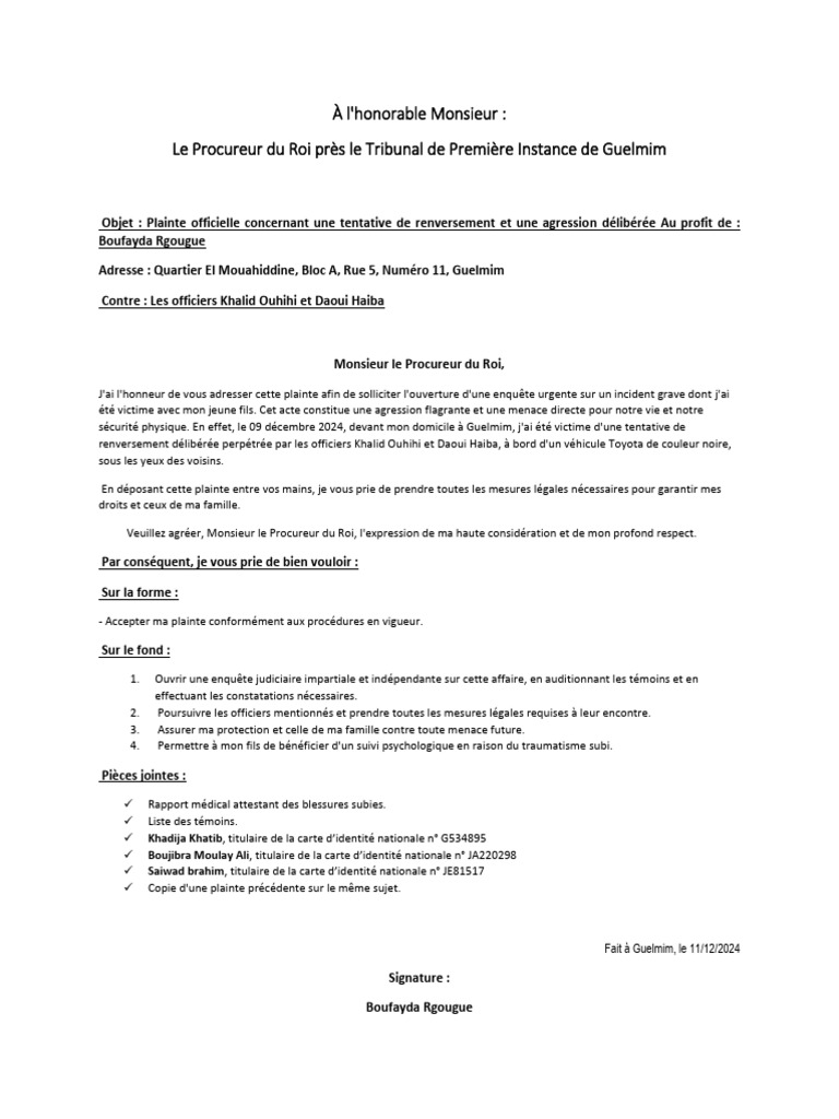 Plainte pour agression à Guelmim | PDF | Justice | Crime et violence