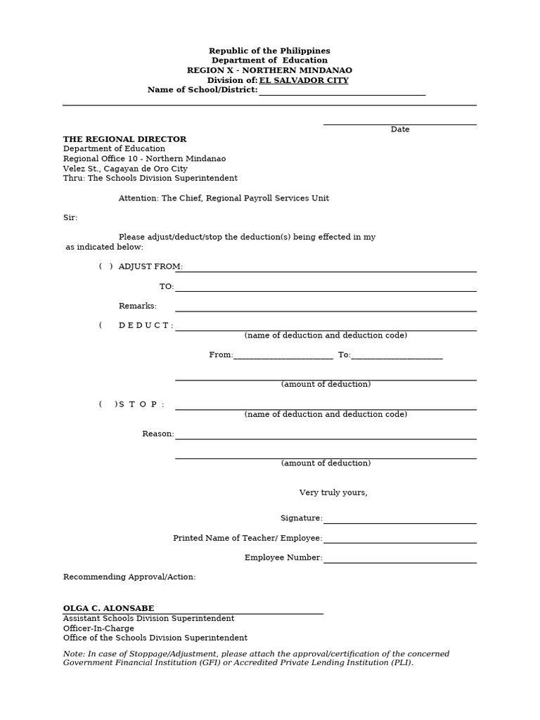 RPSU Form Salary Deduction Adjustment or Stoppage 2019 | PDF