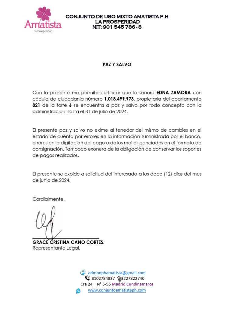 Certificado de Paz y Salvo Edna Zamora | PDF