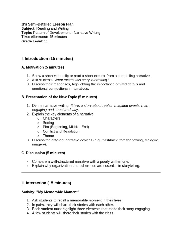 Narrative Writing Lesson Plan for Grade 11 | PDF