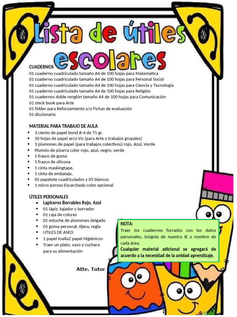 Lista de útiles escolares 2026 | PDF
