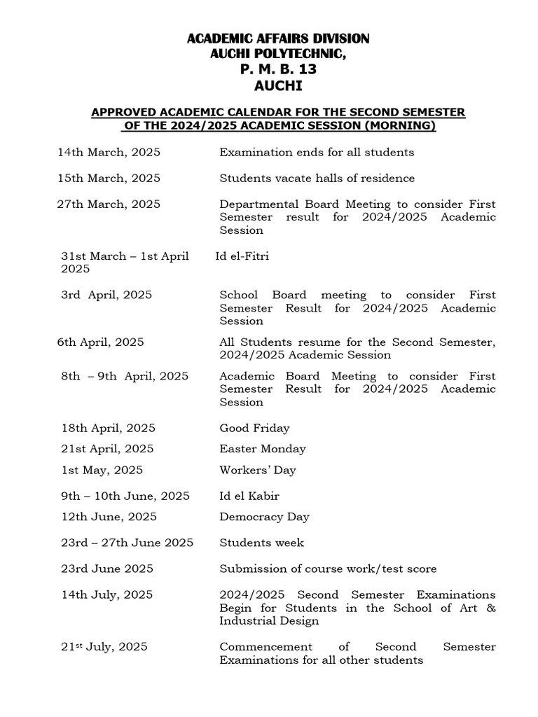 Academic Calendar 2nd Sem 2024 2025 Pdf