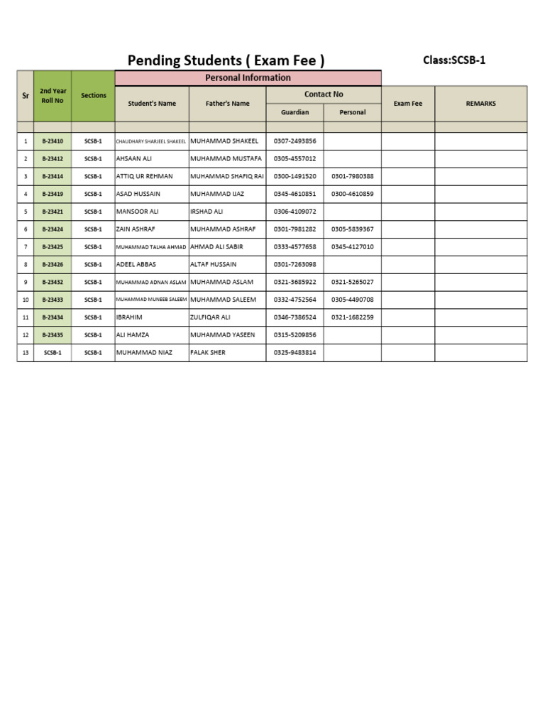 SCSB-1 Student Exam Fee Details | PDF