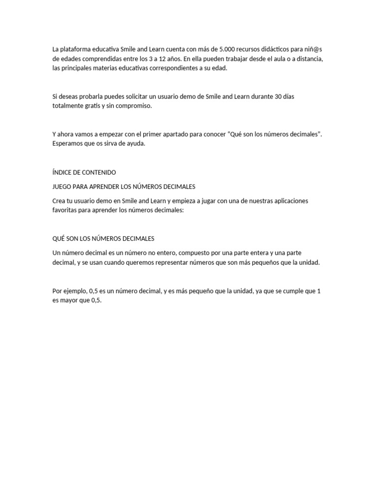 Números decimales en Smile and Learn | PDF