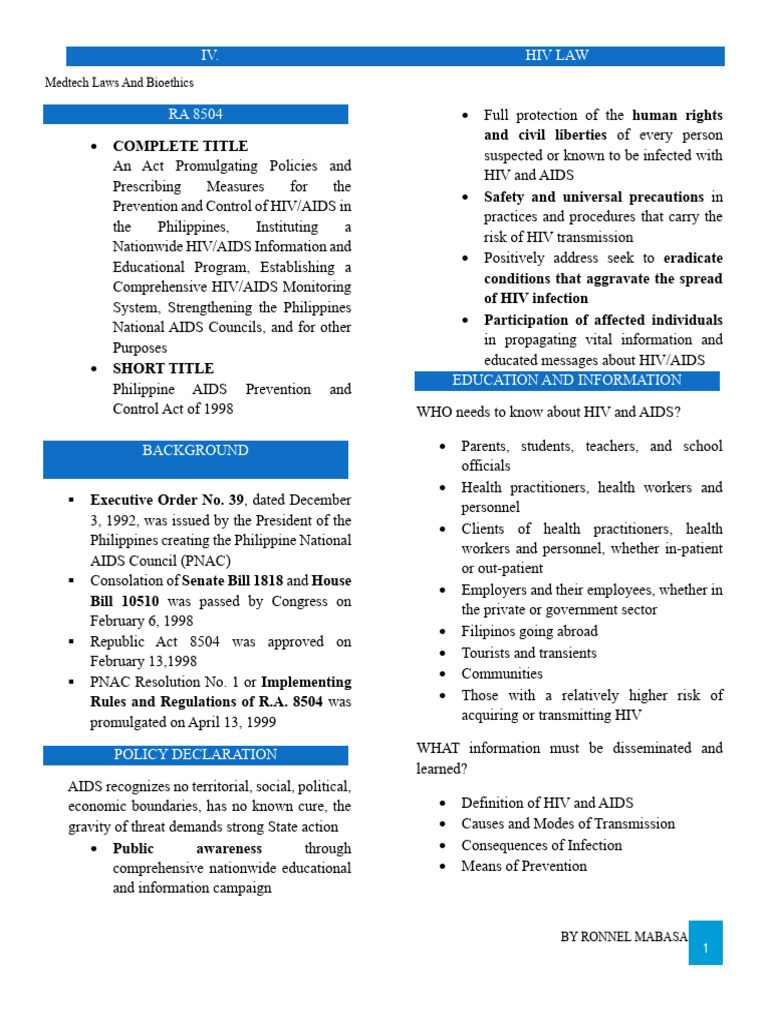 MTLE IV. HIV Law | PDF | Hiv/Aids | Prevention Of Hiv/Aids