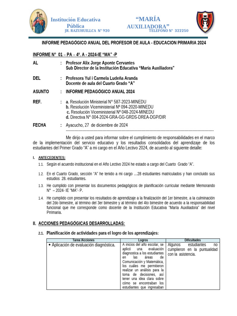 Informe Anual Educativo 2024 - 4º Grado A | PDF | Evaluación | Aprendizaje