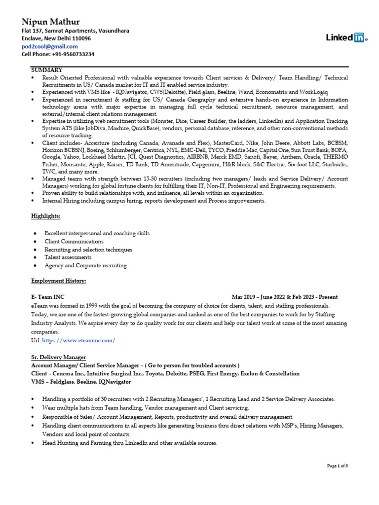 Nipun Mathur - SI - Sales | PDF | Recruitment | Consultant