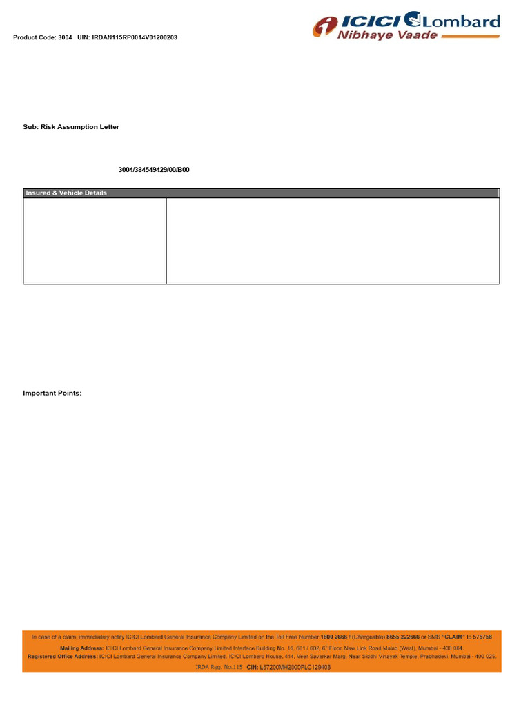 ICICI Lombard Risk Assumption Letter | PDF | Insurance | Business Law