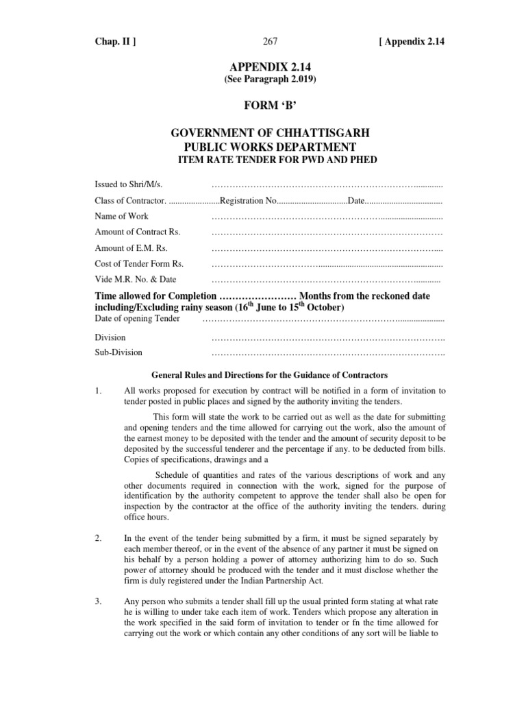 Chhattisgarh PWD Item Rate Tender Form | PDF | Specification (Technical ...