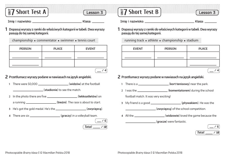 Brainy 5 Short Tests Unit 7 Lesson 3 | PDF