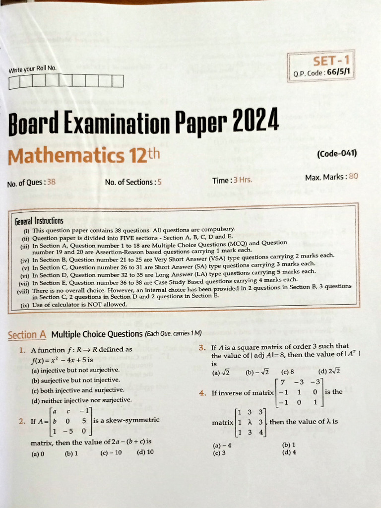 2024 12th Grade Mathematics Exam Paper | PDF | Function (Mathematics ...